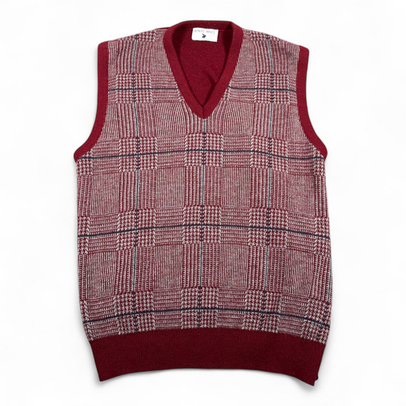 Vintage Robert Bruce Sweater Vest Adult SMALL Red Gray Houndstooth USA Union 70s - Picture 1 of 9